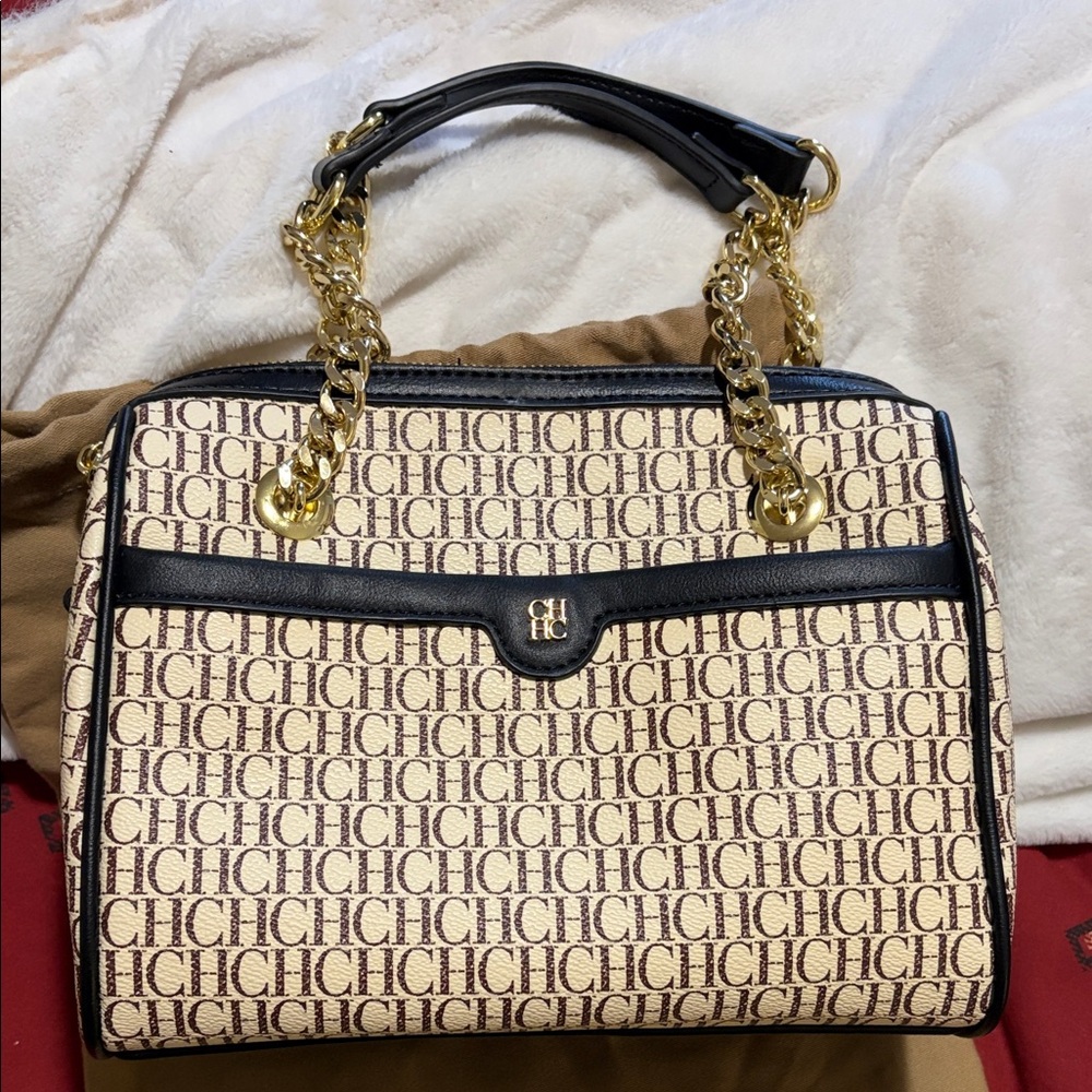 Carolina Herrera Black and Gold Logo Satchel